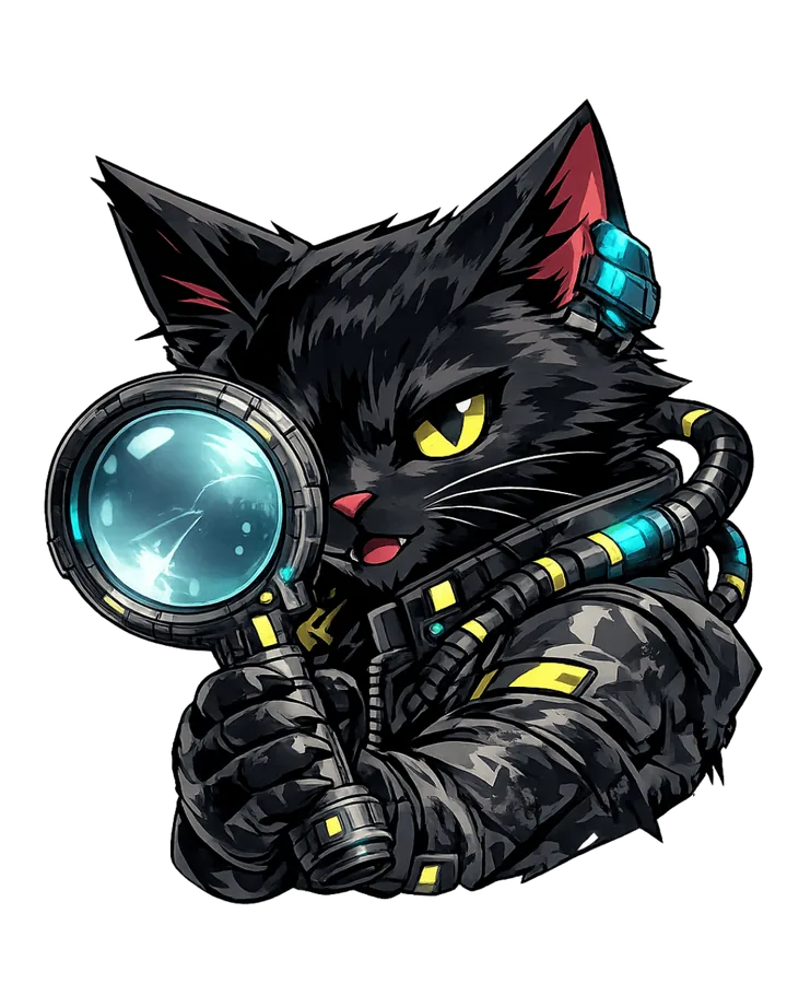 Mascote do CatSuite investigando com uma lupa