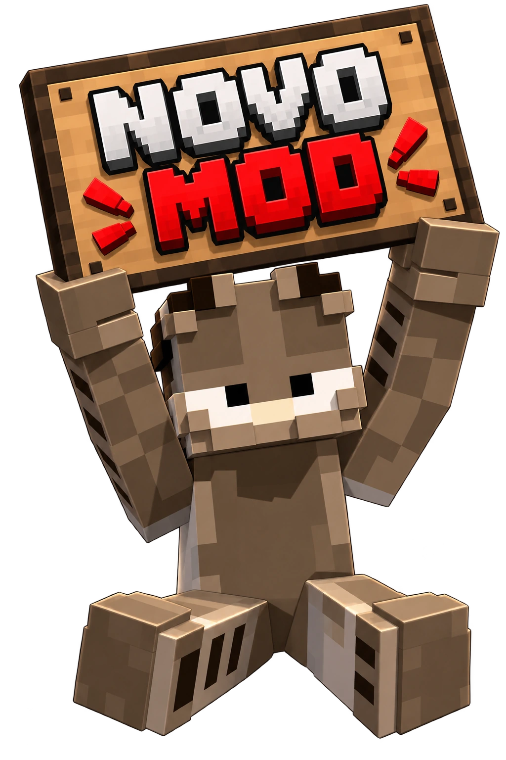 Personagem voxel segurando uma placa com a frase Novo Mod