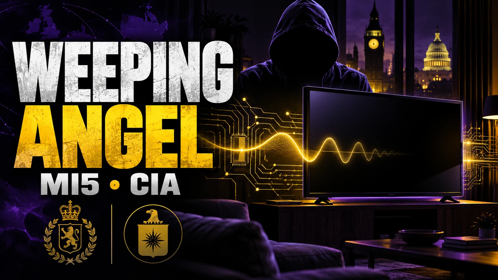 Ilustração conceitual de televisão aparentemente desligada, onda sonora dourada e figura encapuzada sem rosto, com título Weeping Angel MI5 CIA.