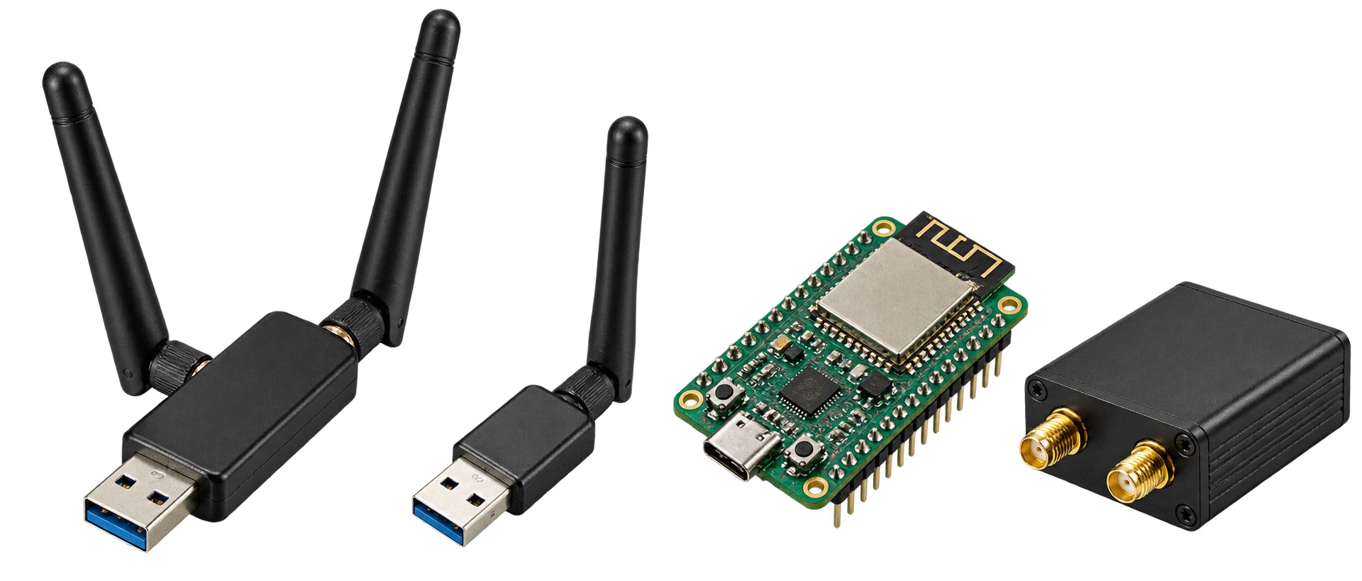 Ilustração conceitual com fundo transparente de adaptadores USB Wi-Fi, placa ESP e equipamento SDR, sem representar uma revisão específica de produto.