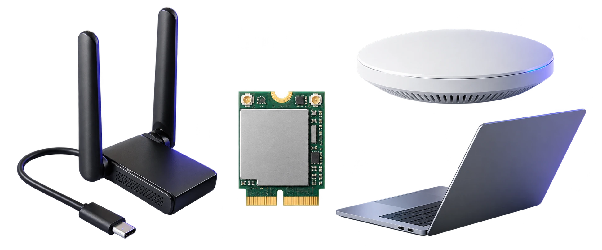 Ilustração com fundo transparente de adaptador USB-C de duas antenas, módulo M.2, ponto de acesso e notebook para uma bancada Wi-Fi de 6 GHz.