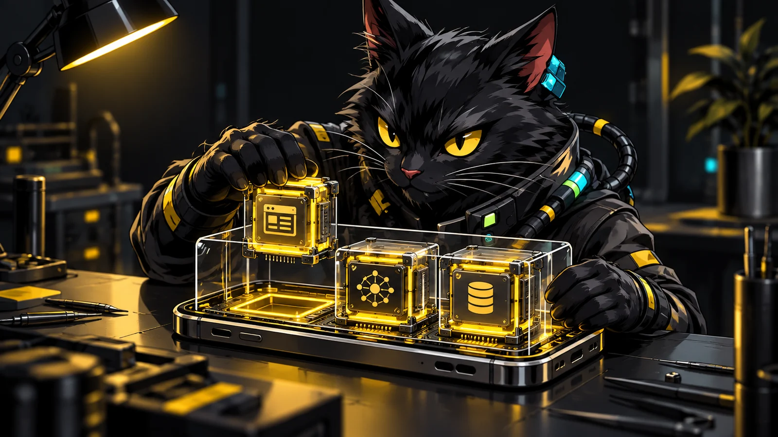 Ilustração conceitual do mascote CatSuite montando módulos de extensão dentro de um ambiente protegido