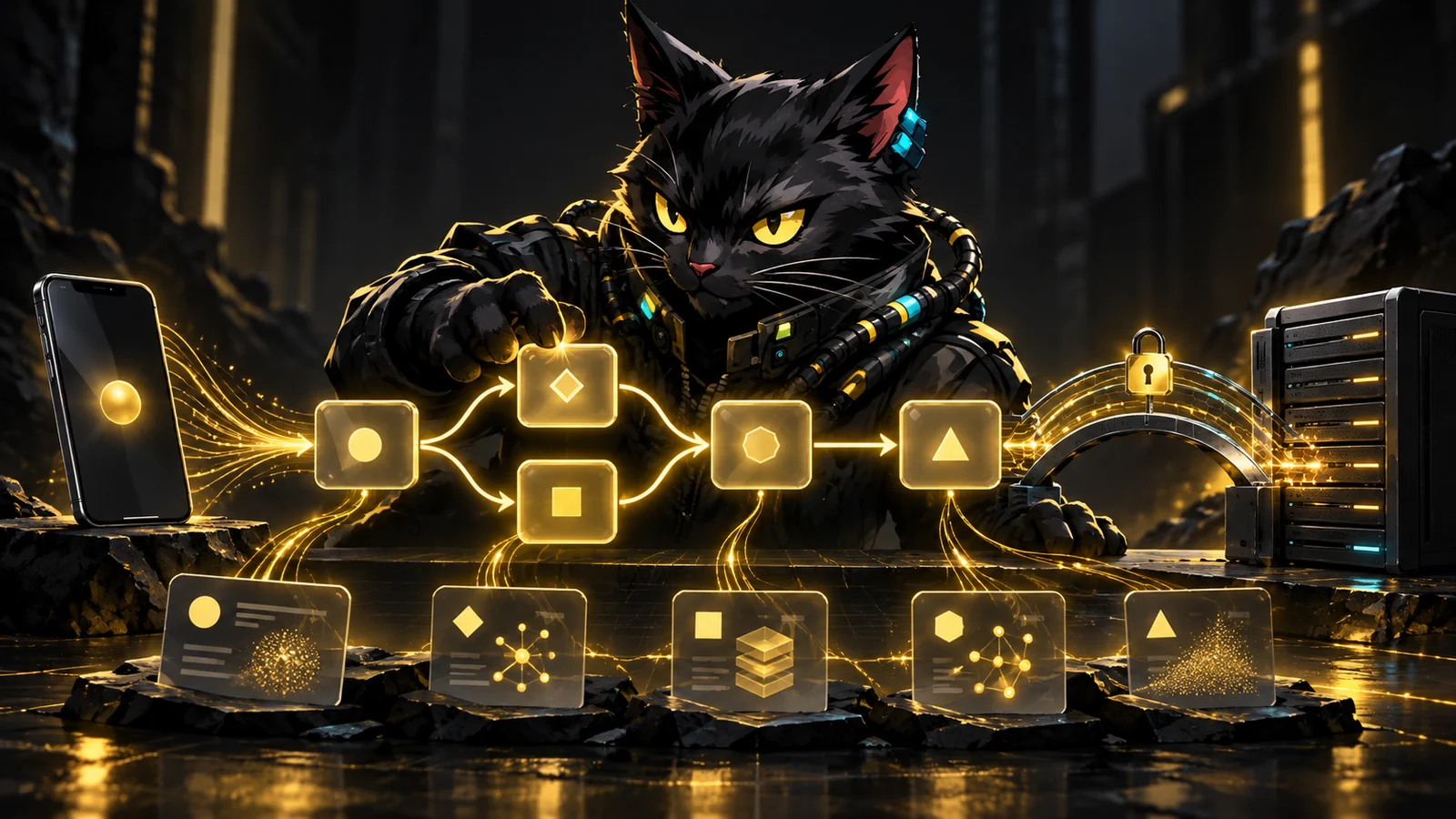 Ilustração conceitual do mascote CatSuite organizando um fluxo ramificado entre celular e servidor