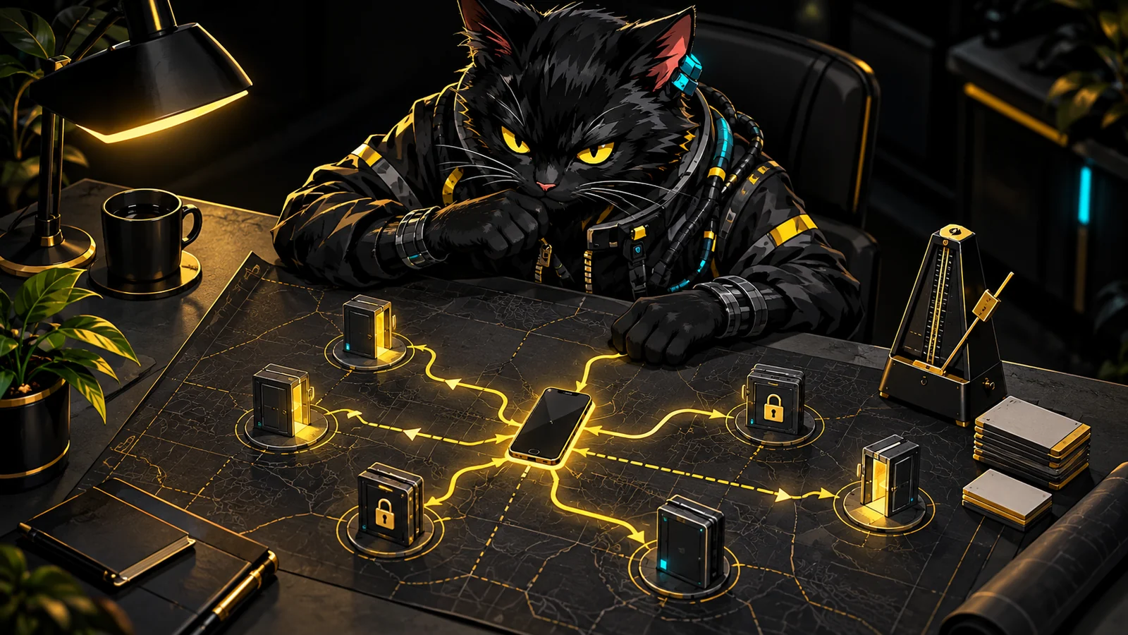 Ilustração conceitual do mascote CatSuite estudando um mapa de endpoints com portas abertas e fechadas
