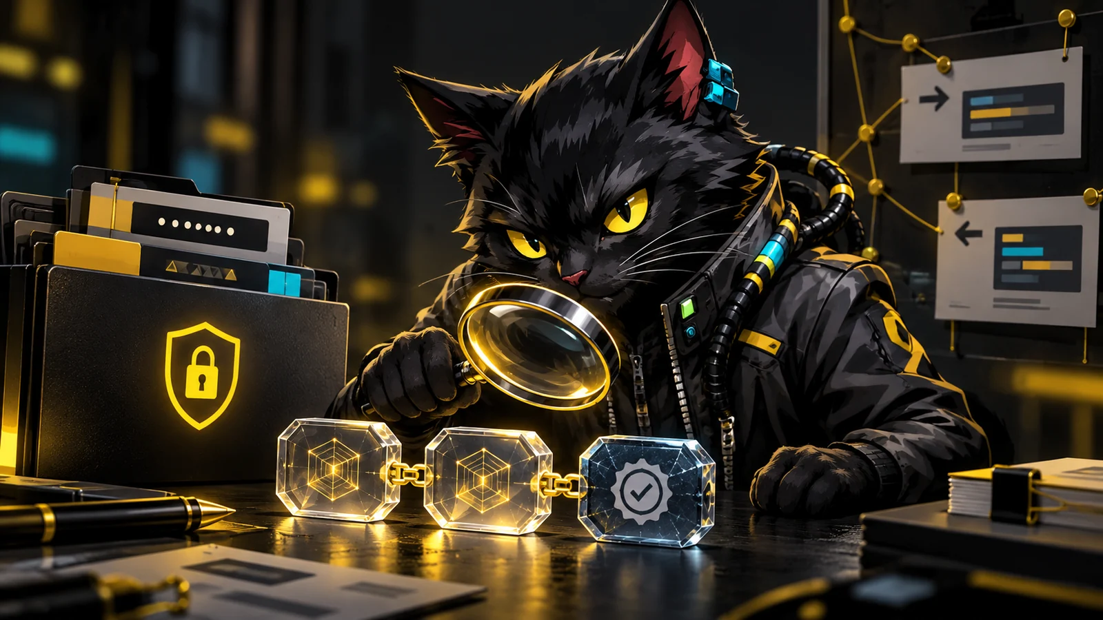 Ilustração conceitual do mascote CatSuite inspecionando um token de três partes e uma pasta de evidências protegidas