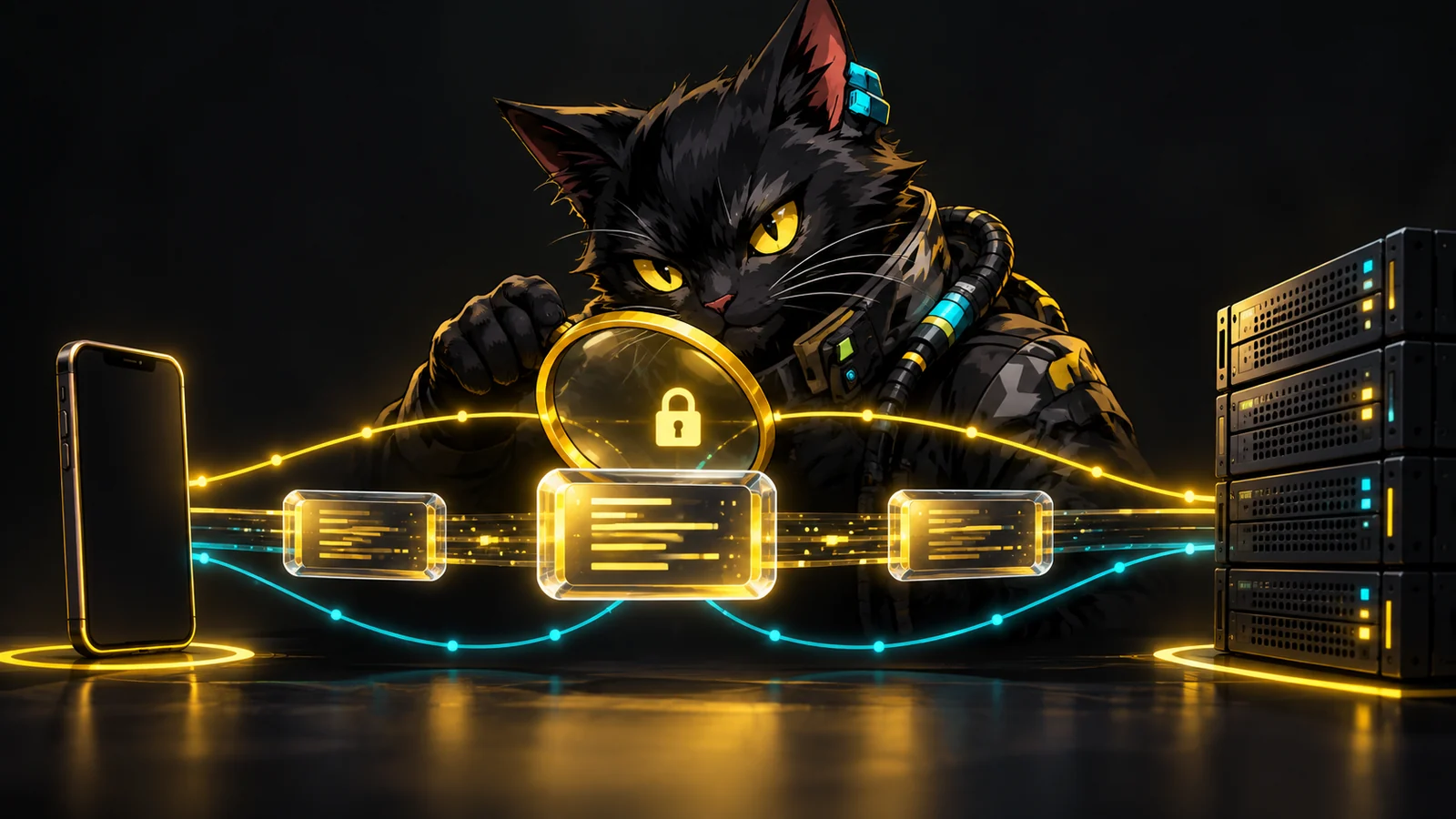 Ilustração conceitual do mascote CatSuite examinando tráfego entre um celular e um servidor