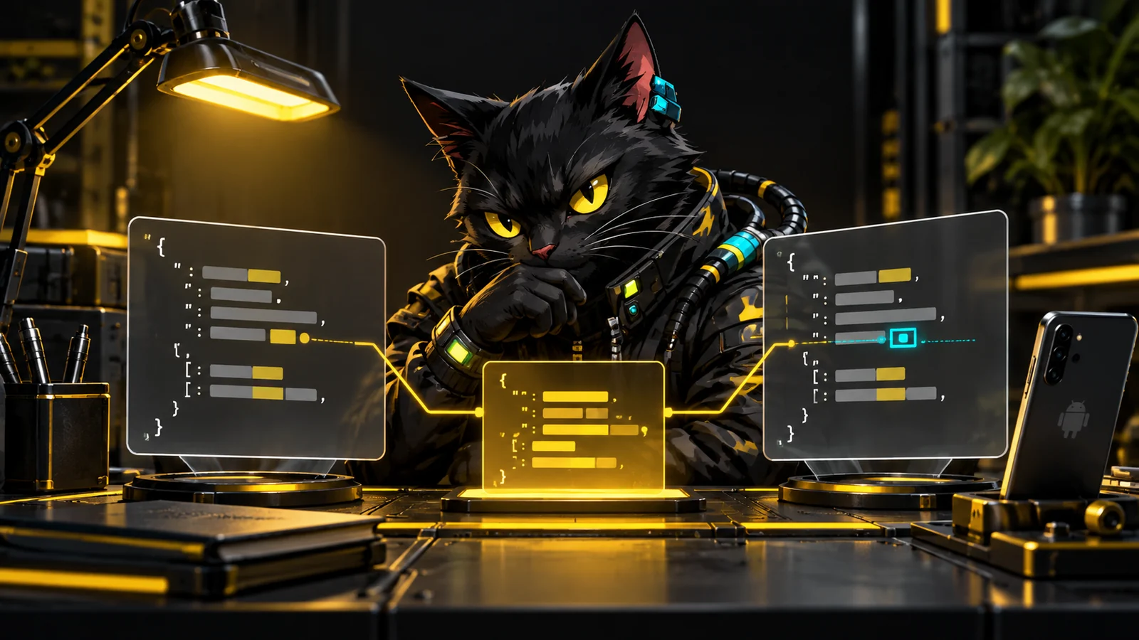 Ilustração conceitual do mascote CatSuite comparando duas respostas com uma variação controlada