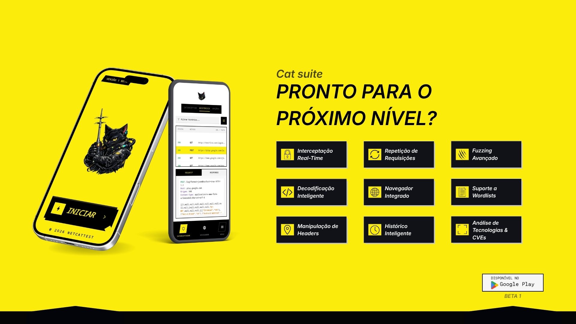 Prévia do Cat Suite com telas do aplicativo e lista de recursos