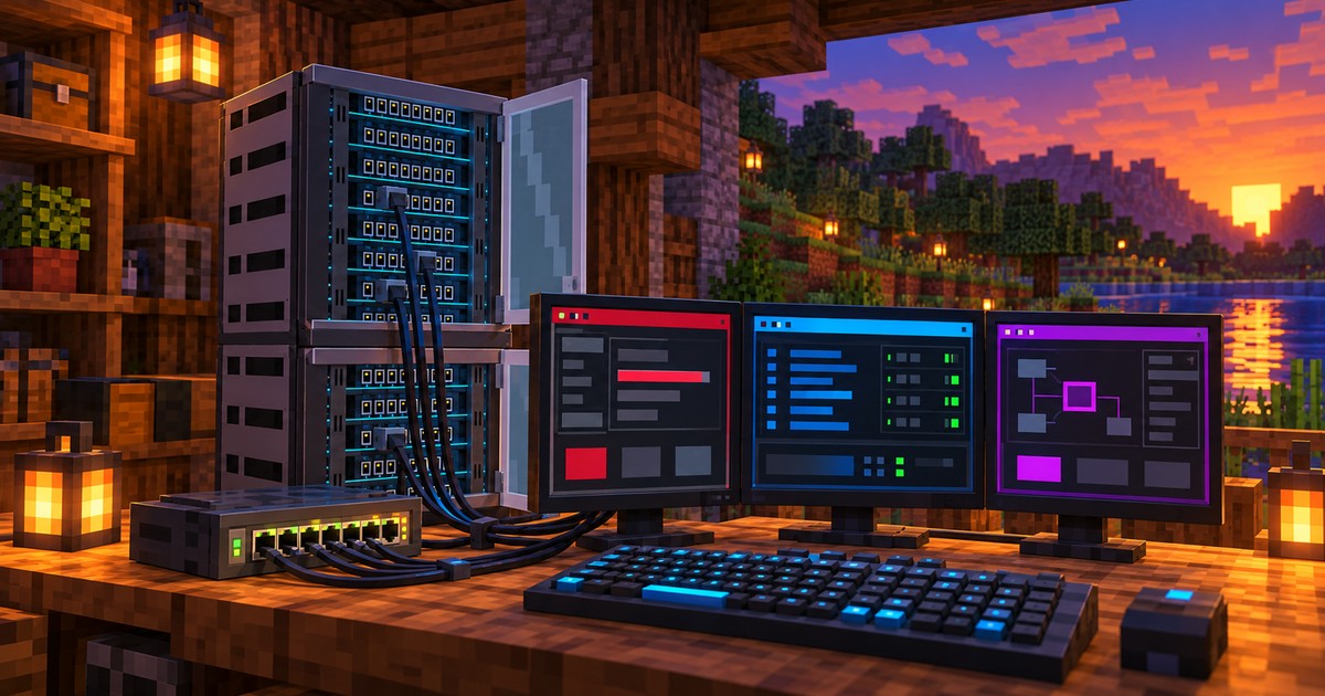 Arte promocional de um laboratório NCAT Minecraft com rack, switch, teclado e telas de navegador, SSH e proxy