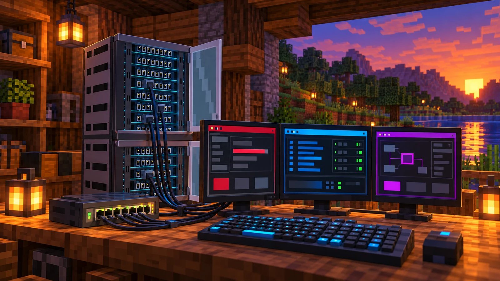 Ilustração promocional de um laboratório NCAT com rack modular, workstation, switches e telas conectadas em um cenário voxel