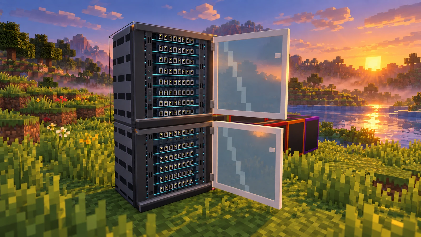 Ilustração revisada de um rack modular NCAT com portas de vidro abertas e frente livre de cabos, em um cenário Minecraft ao pôr do sol