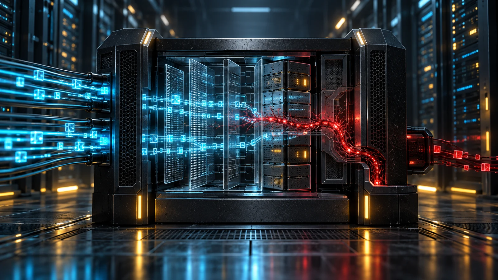 Ilustração conceitual de um gateway de rede com um canal oculto em vermelho entre fluxos azuis.