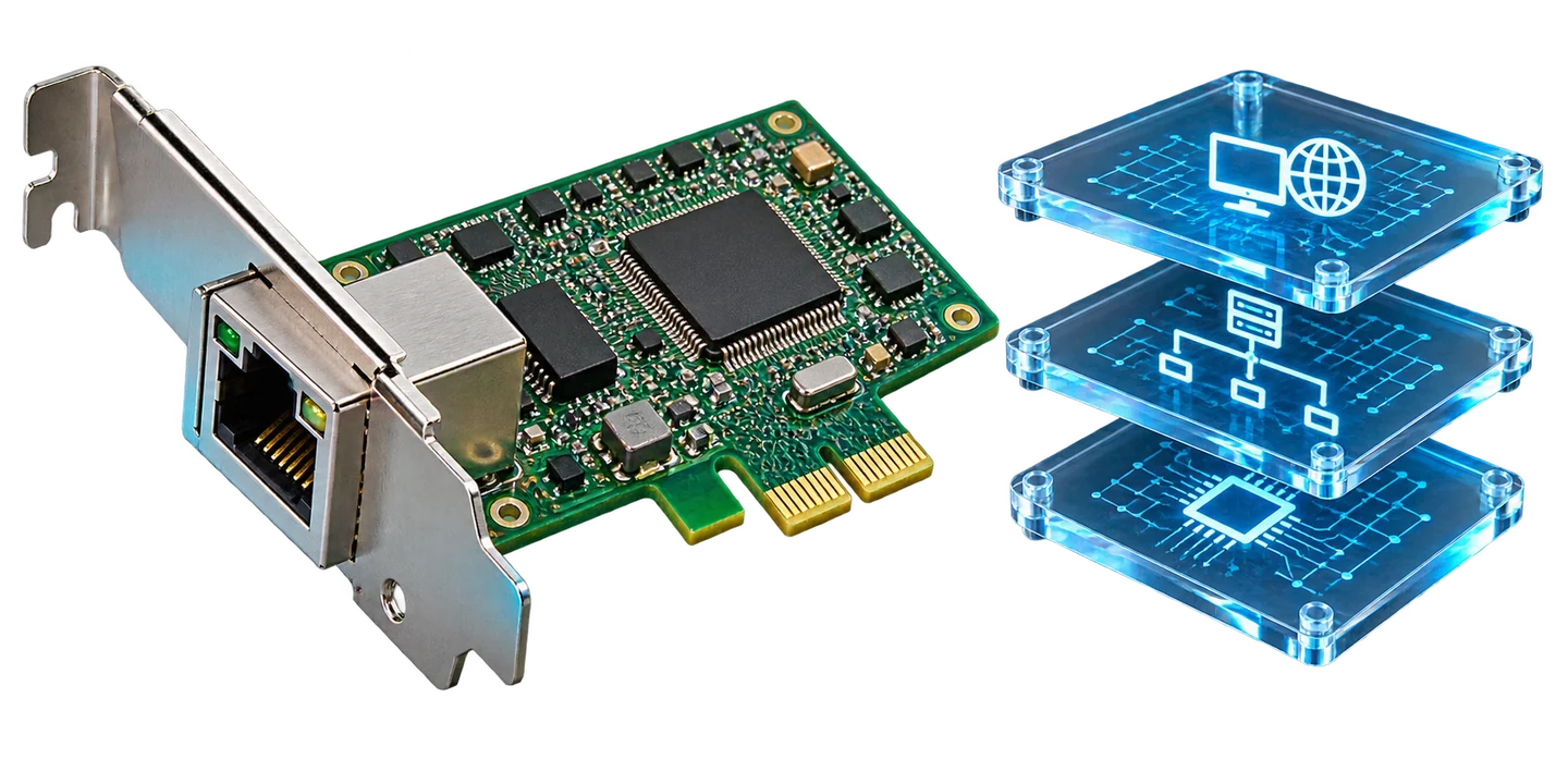 Ilustração de adaptador de rede genérico e camadas de processamento de protocolos