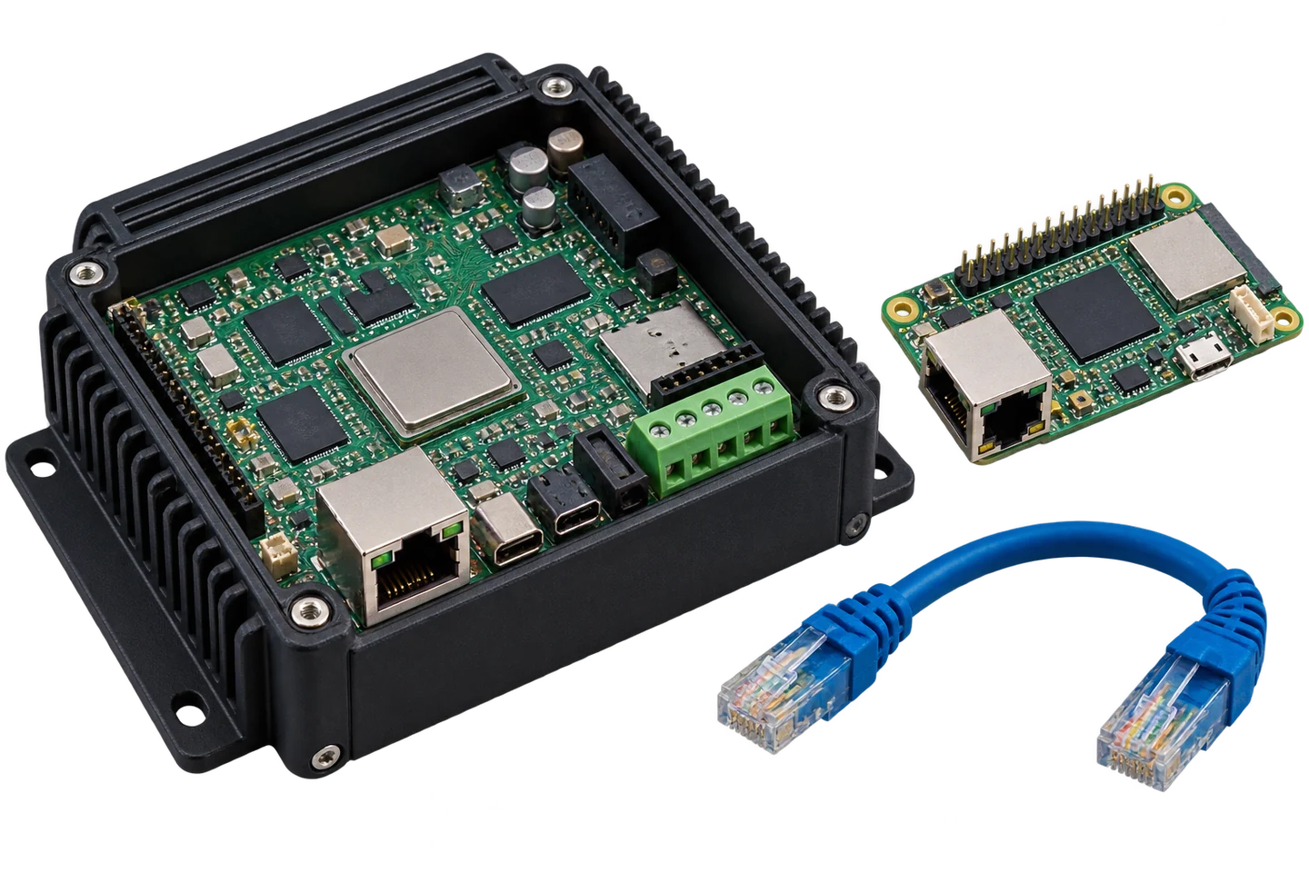Ilustração de controlador industrial aberto, placa embarcada e cabo Ethernet