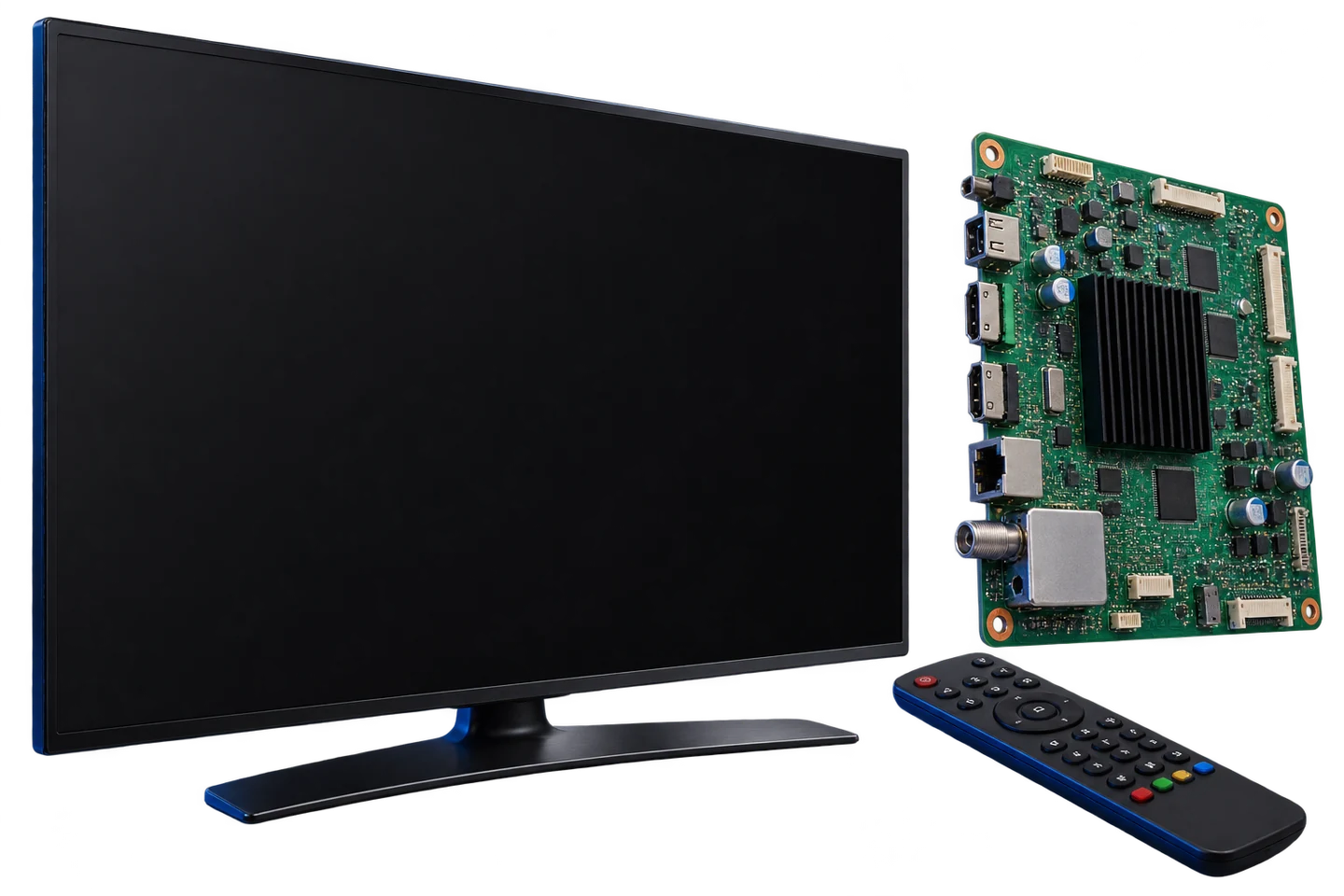 Ilustração de televisão genérica, placa principal e controle remoto separados