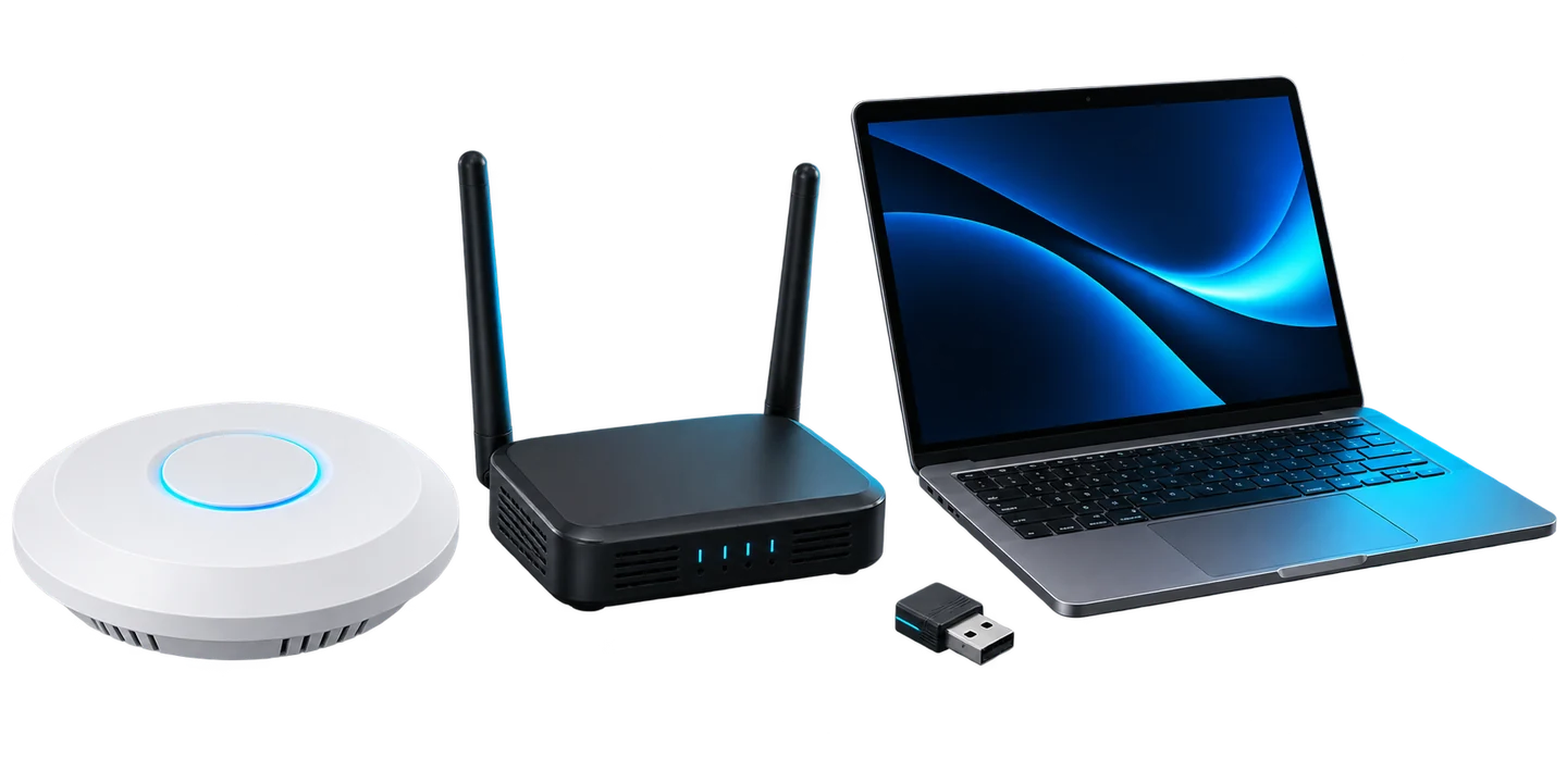 Ilustração de ponto de acesso, roteador, notebook e adaptador Wi-Fi genéricos
