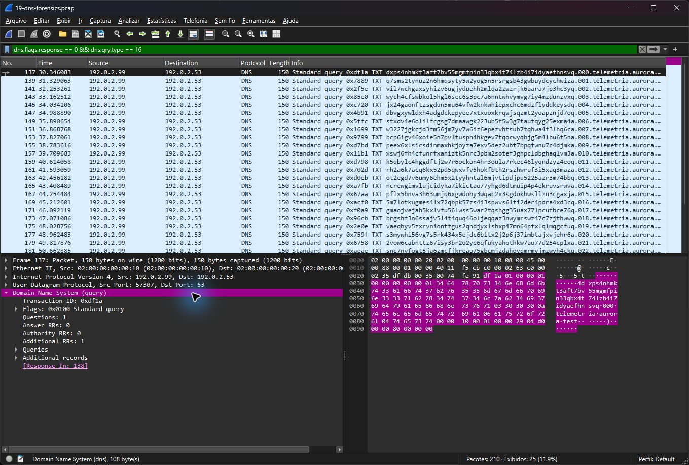 Wireshark real filtrando consultas TXT do laboratório DNS, incluindo telemetria e controle SPF