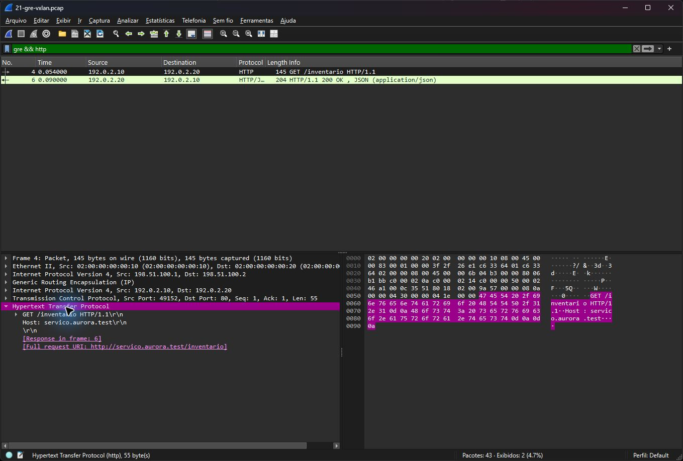 Wireshark real mostrando IPv4 externo, GRE, IPv4 interno, TCP e HTTP no mesmo frame de laboratório