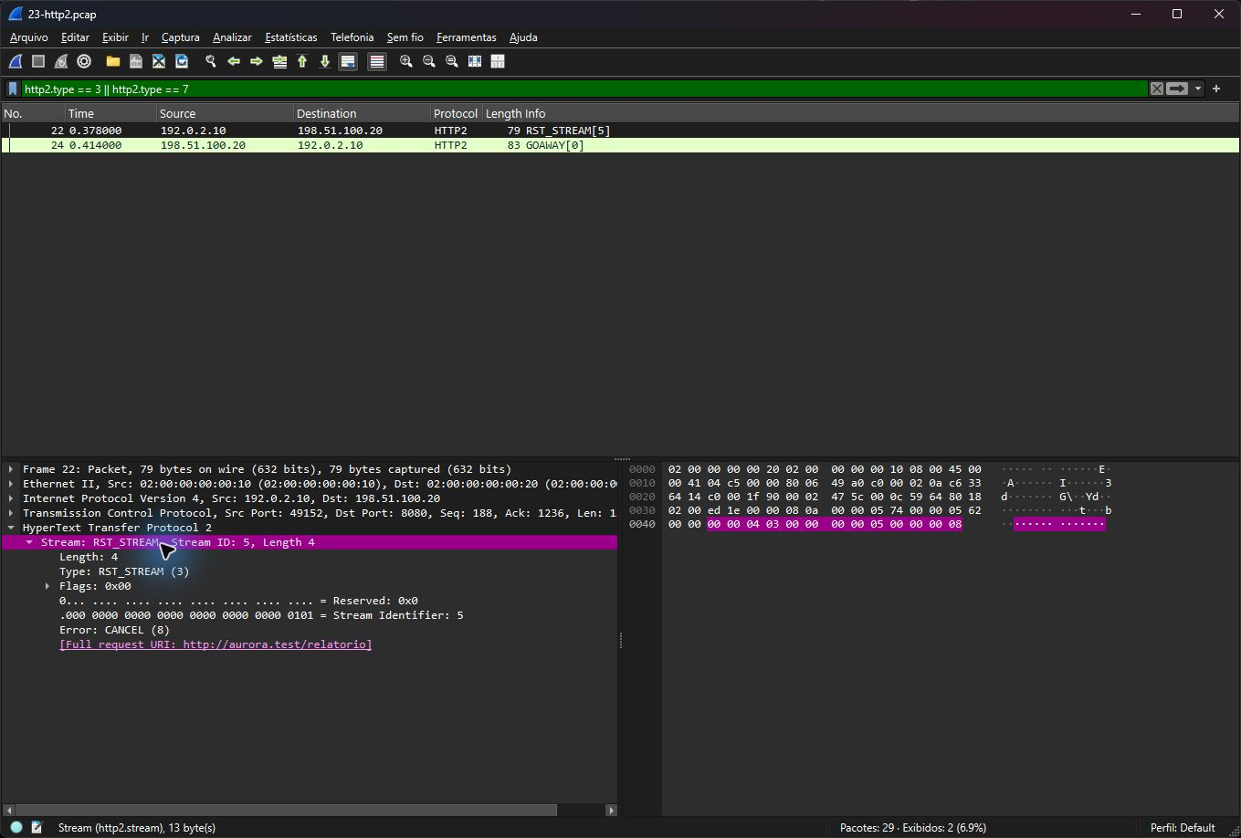 Wireshark real mostrando RST_STREAM CANCEL no stream 5 e GOAWAY normal do laboratório HTTP2