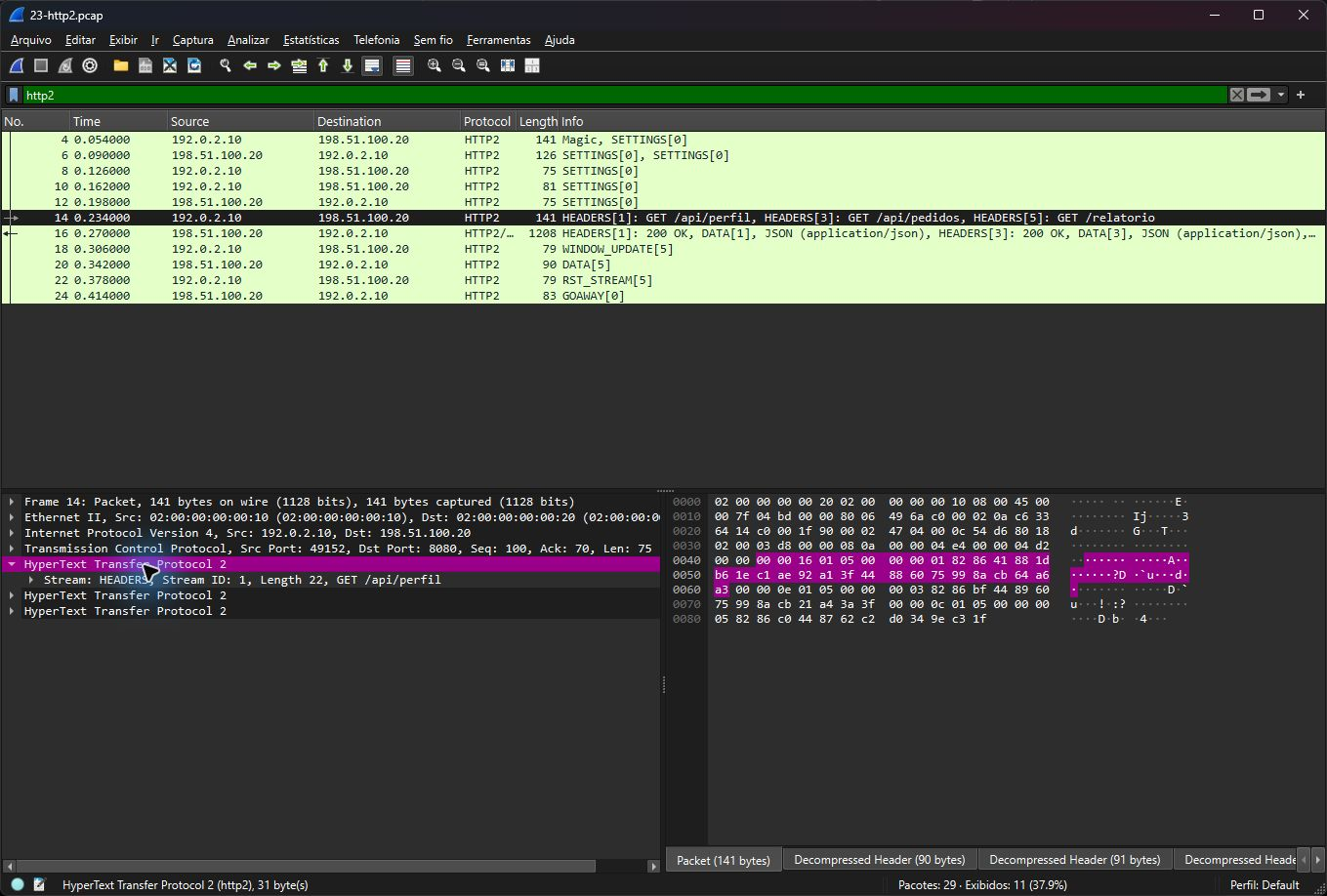 Wireshark real detalhando HEADERS de três streams HTTP2 dentro de uma única conexão TCP de laboratório