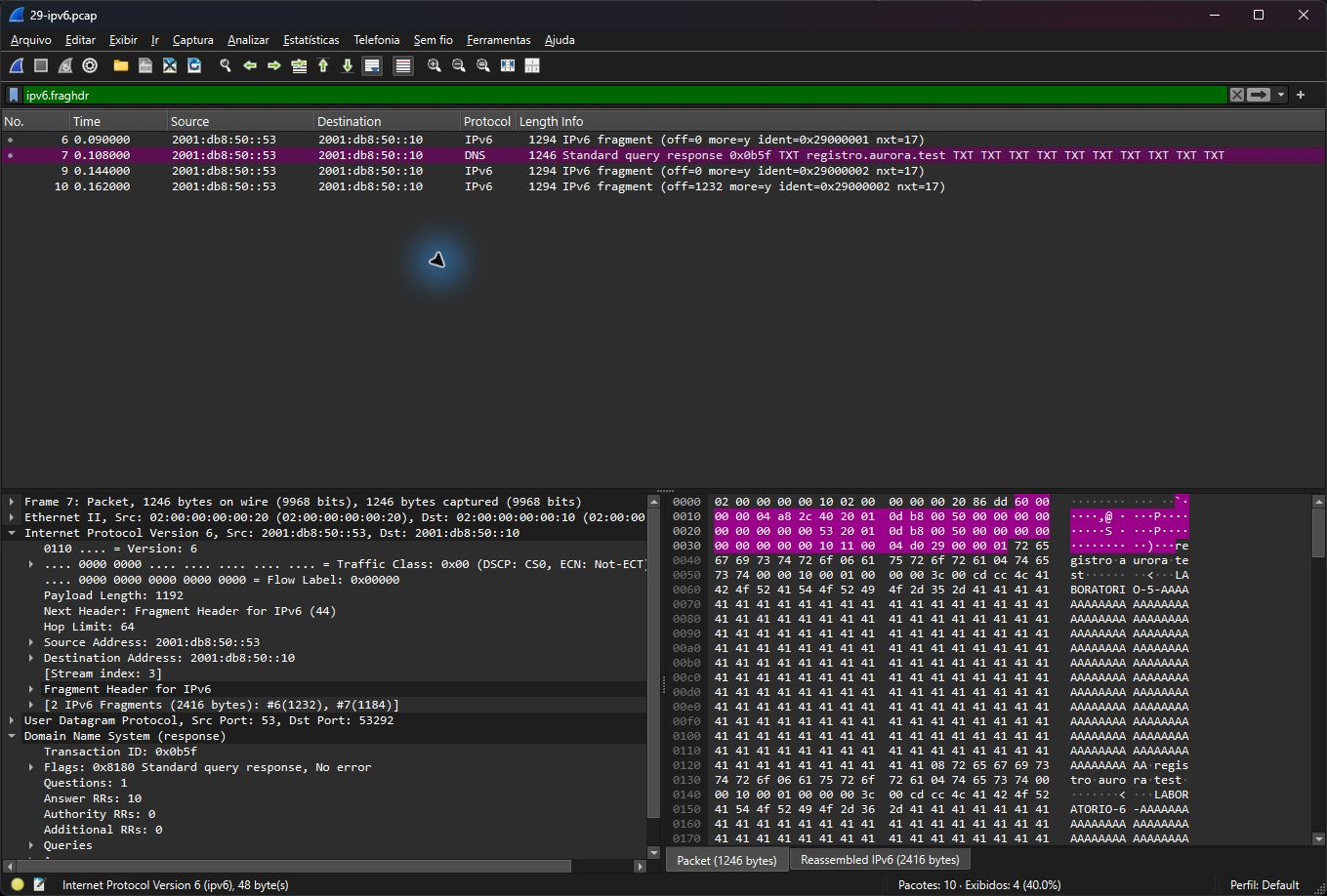 Wireshark real mostrando fragmentos IPv6 e resposta DNS reconstruída no laboratório