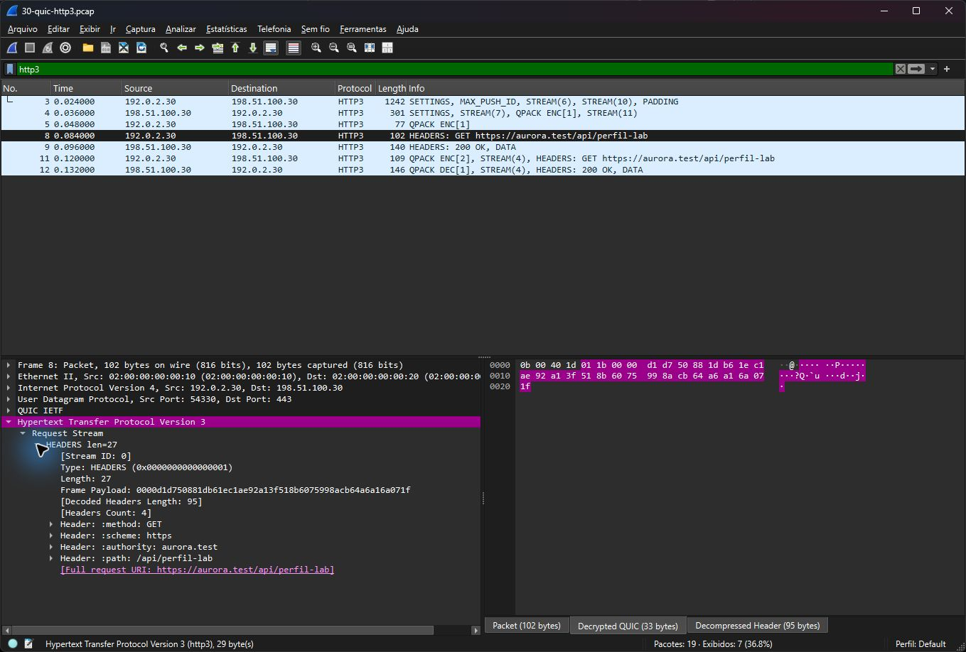 Wireshark real decodificando duas requests GET HTTP3 e respostas da sessão QUIC com chaves de laboratório