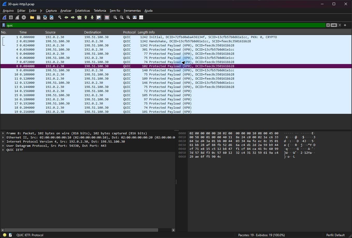 Wireshark real mostrando a sessão QUIC de laboratório sem revelar os headers HTTP3 protegidos