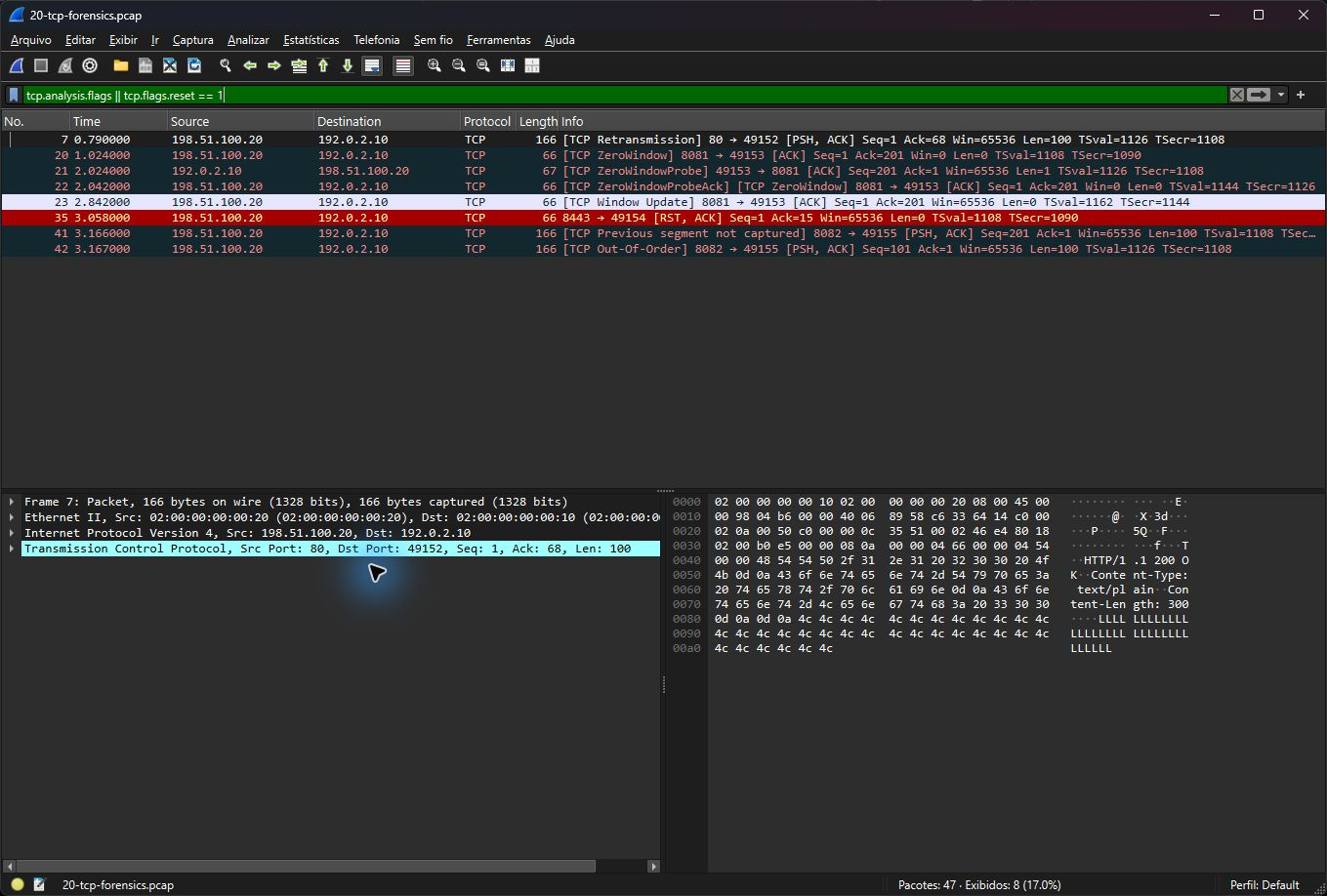 Wireshark real mostrando retransmissão, Zero Window, probe, RST e segmento fora de ordem em tráfego controlado