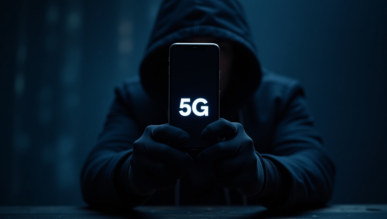 Pessoa com capuz e luvas pretas segura um smartphone exibindo “5G” brilhante em um ambiente escuro e misterioso.