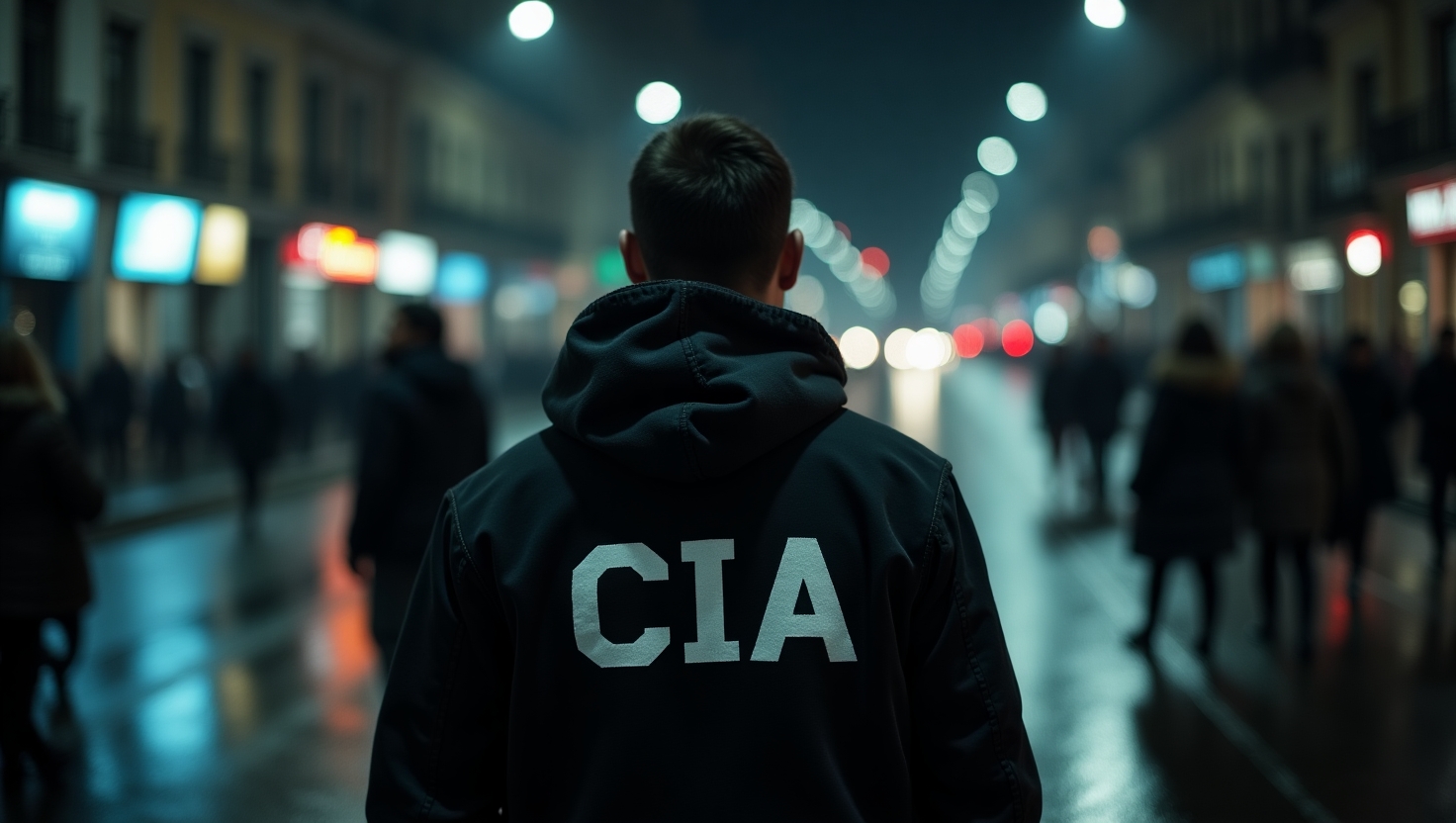 Agente da CIA de costas em uma rua movimentada à noite, representando operações secretas digitais