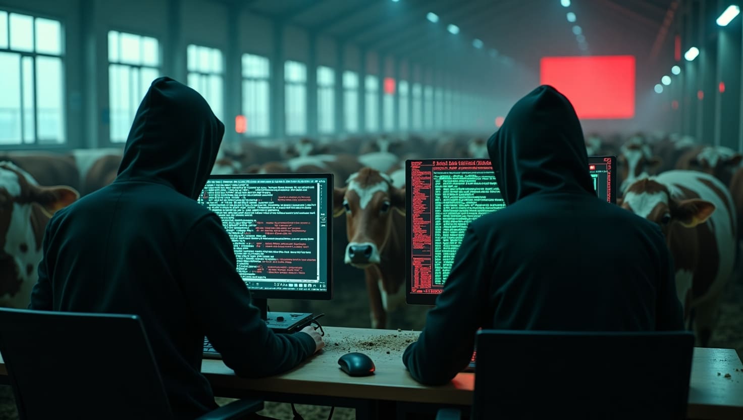 Dois hackers encapuzados programam em frente a vacas em um galpão, misturando tecnologia e agropecuária.