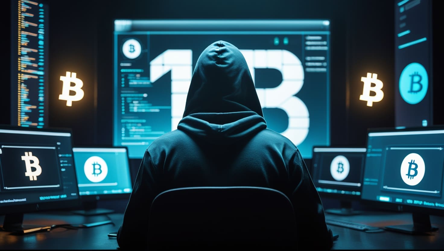 Hacker em frente a telas com criptomoedas e o número 1B, simbolizando ataque financeiro digital.