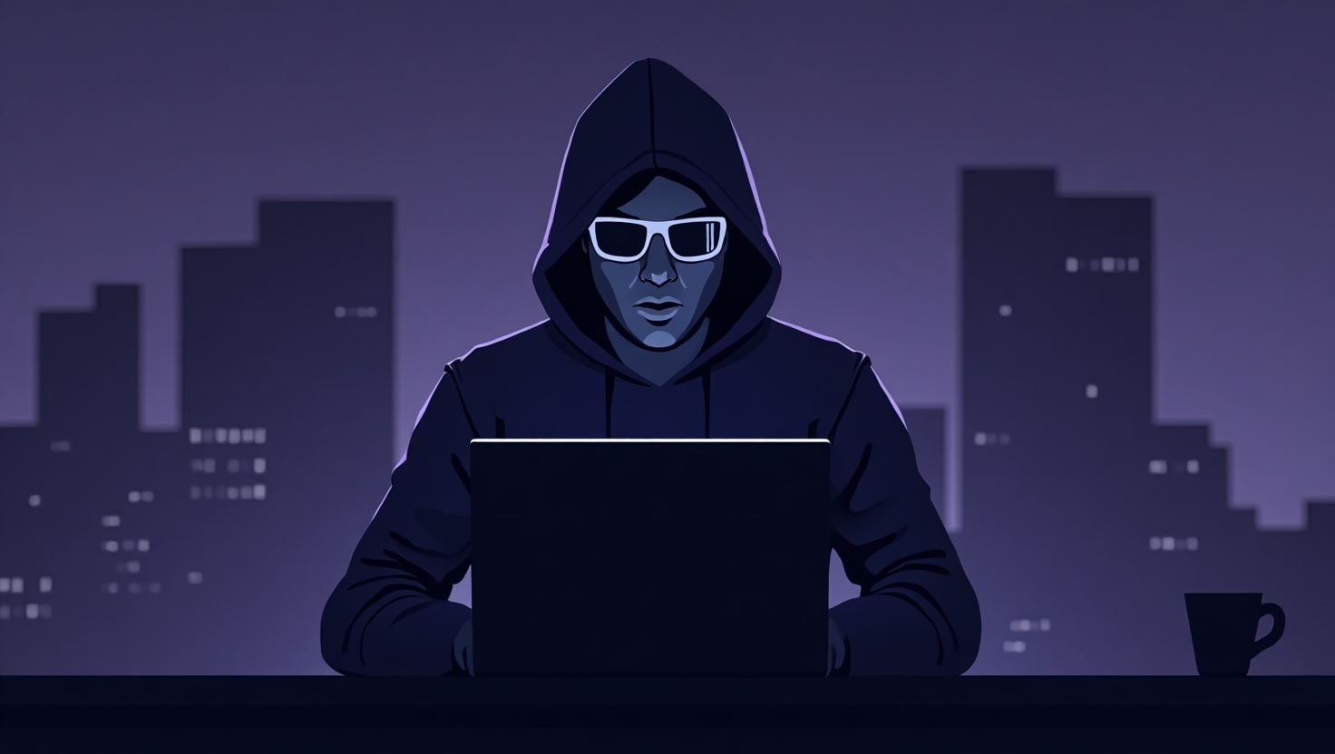 Ilustração gráfica de hacker com capuz e óculos escuros, usando notebook à noite com cidade borrada ao fundo.