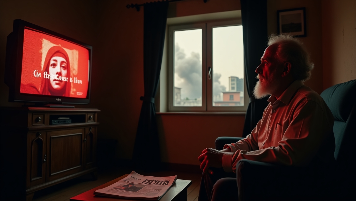 Homem idoso assiste à TV com imagem de protesto; luz vermelha o ilumina, com fumaça visível pela janela ao fundo.